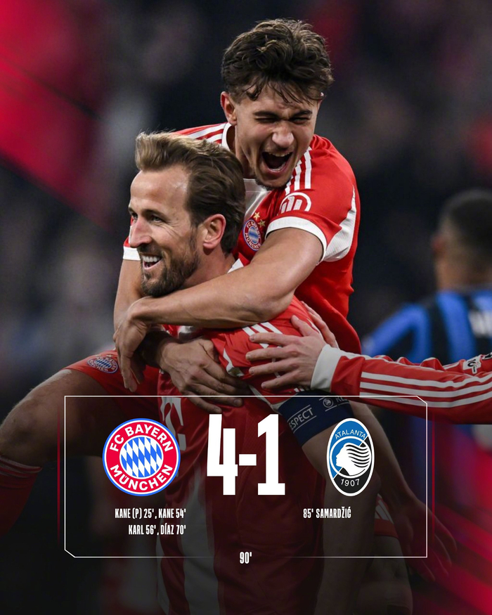 拜仁双杀亚特兰大晋级欧冠八强 凯恩狂轰双响领